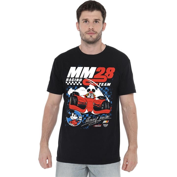 Disney Men's Black Mickey Mouse Racing Chequered T-Shirt in Size 2XL, Sports Direct