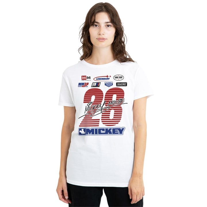 Disney Women's White Mickey Mouse Racing Logos T-Shirt in Size L, Sports Direct