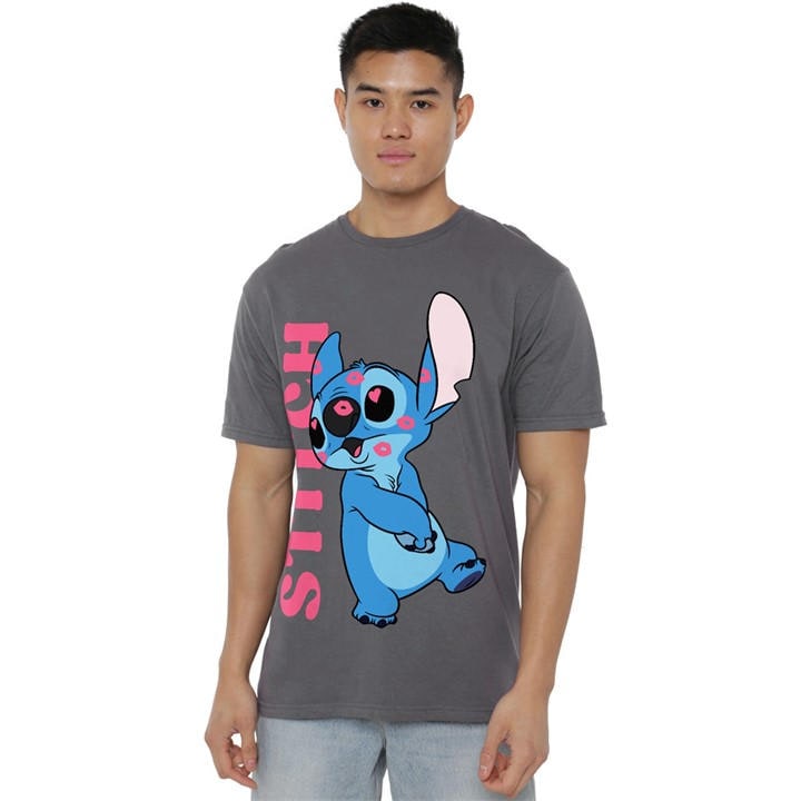 Disney Men' Grey Lilo & Stitch Covered In Kisses T-Shirt Charc in Size S, Sports Direct