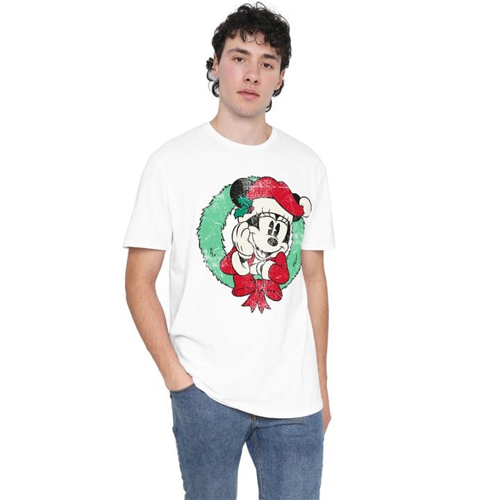 Minnie Mouse Men's White Christmas Wreath T-Shirt in Size 2XL, Sports Direct