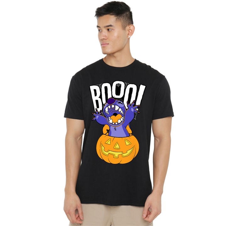 Disney Men' Black Lilo & Stitch Laughing Pumpkin T-Shirt in Size S, Sports Direct
