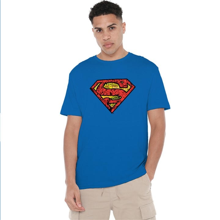 Superman Men's Blue Comic Collage T-Shirt Royal in Size L, Sports Direct