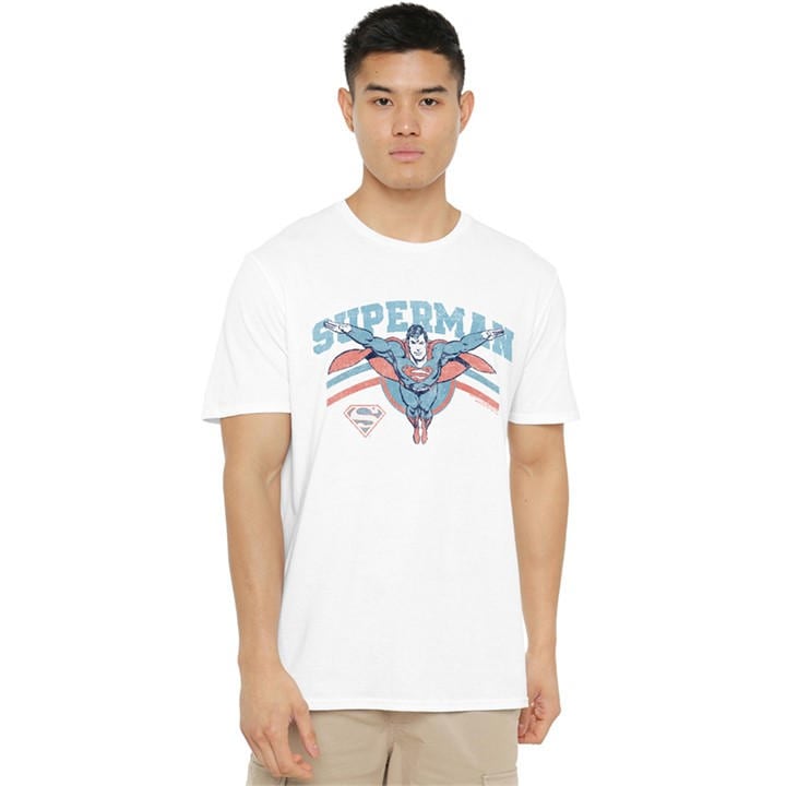 Dc Comics Men's White Superman Flying Stripes T-Shirt in Size L, Sports Direct