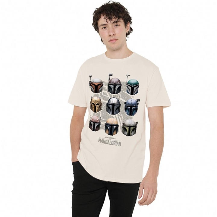 Star Wars Men's Beige The Mandalorian Mando Helmet Grid T-Shirt Natural in Size L, Sports Direct