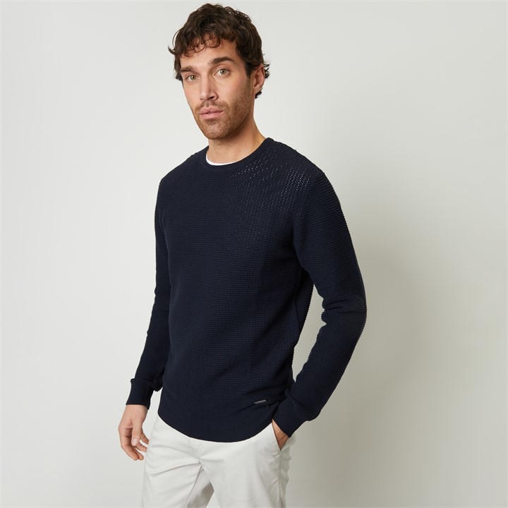Threadbare Men's Blue Crochet Knit Crew Neck Jumper in Size L, Sports Direct