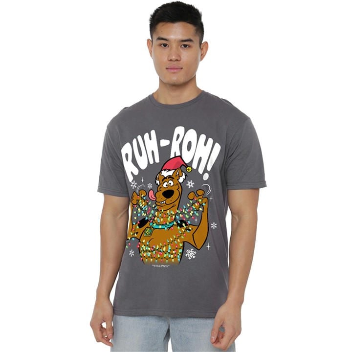 Warner Brothers Men's Grey Scooby Doo Christmas Lights Ruhroh! T-Shirt Charc in Size M, Sports Direct