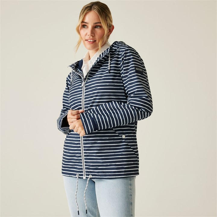 Regatta Women's Navy/White Painterly Stripe Bayletta Ii Waterproof Breathable Recycled Waterproof Jacket in Size 8, Sports Direct
