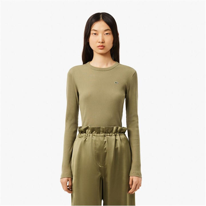 Lacoste Women's Green Slim Fit Ribbed Cotton T-Shirt Size 14