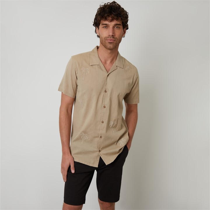 Threadbare Men's Beige Linen Blend Palm Embroidered Short Sleeve Shirt in Size M, Sports Direct