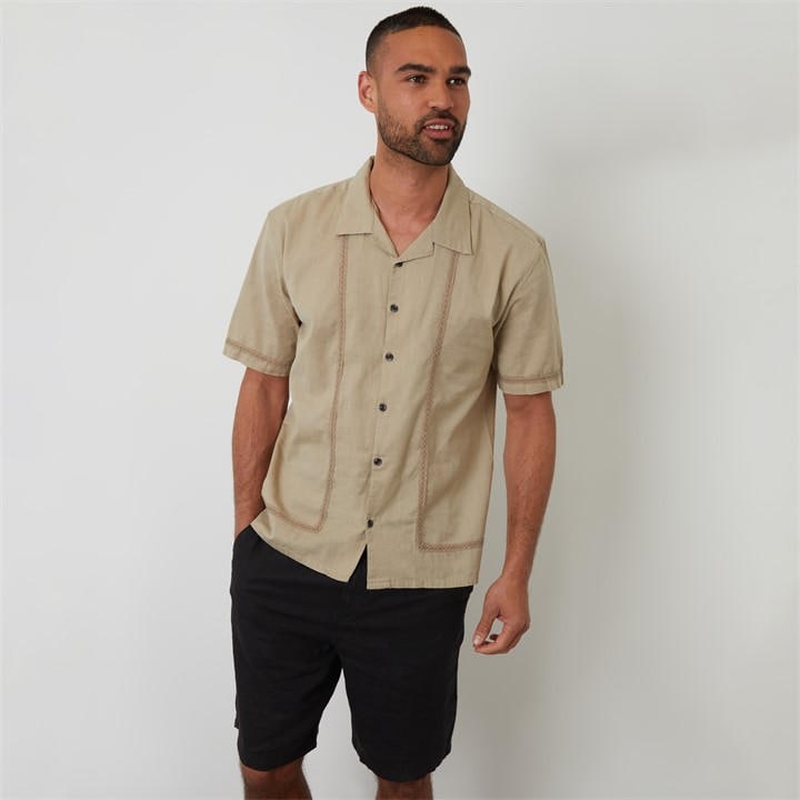 Threadbare Men's Beige Linen Blend Lace Trim Relaxed Fit Shirt in Size M, Sports Direct