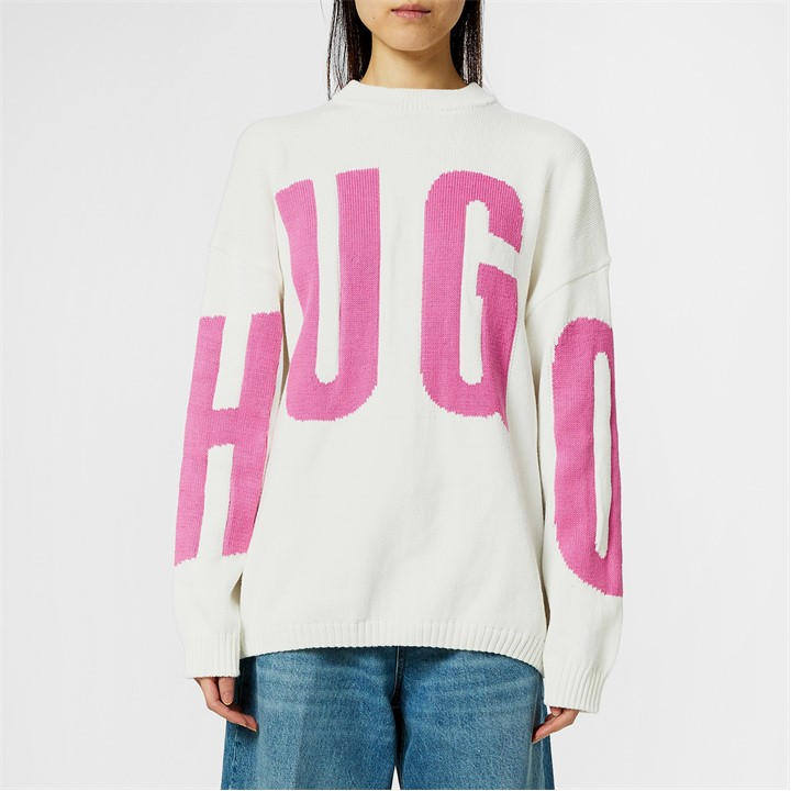 Hugo Women's Cream Crew Neck Soft Knit Jumper in Size 8, Sports Direct