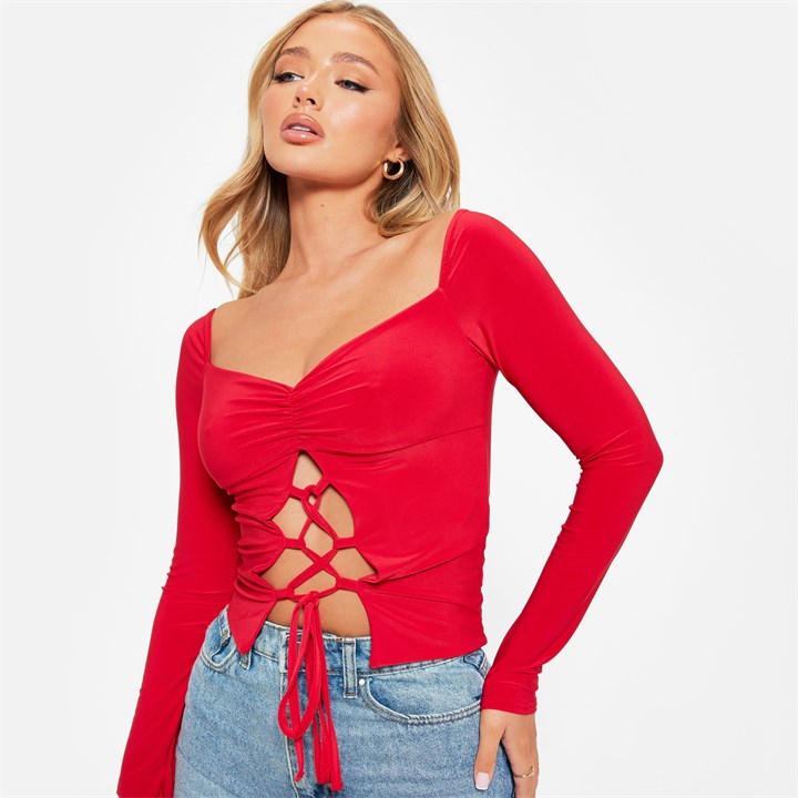 I Saw It First Women's Red Isawitfirst Lace Up Ruched Bust Double Laye Crop Top in Size 6, Sports Direct
