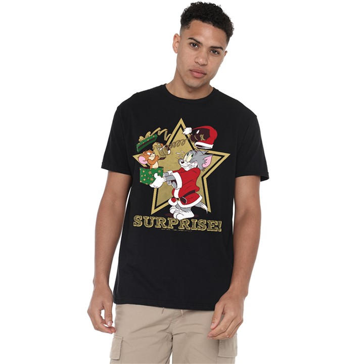 Warner Brothers Men's Black Tom And Jerry Christmas Surprise T-Shirt in Size M, Sports Direct