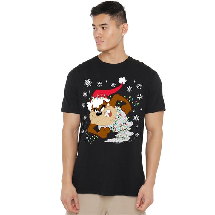 Warner Brothers Men's Black Looney Tunes Taz Santa Hat T-Shirt in Size XL, Sports Direct