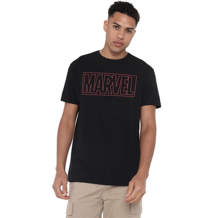 Marvel Men' Black Outline Logo Cotton T-Shirt in Size S, Sports Direct