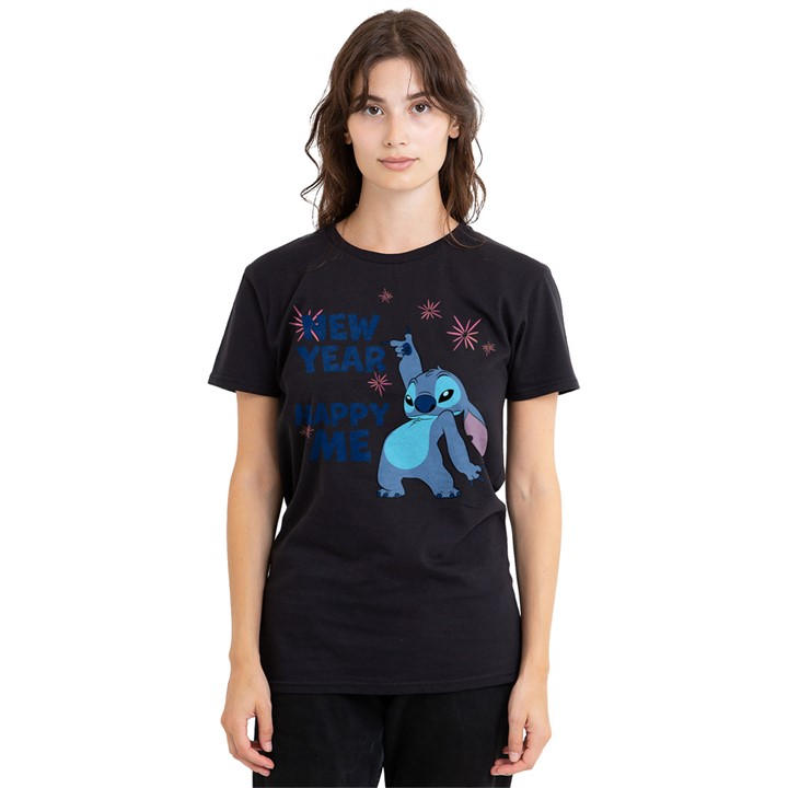 Disney Women's Black Lilo Stitch New Year Happy Me T-Shirt in Size L, Sports Direct