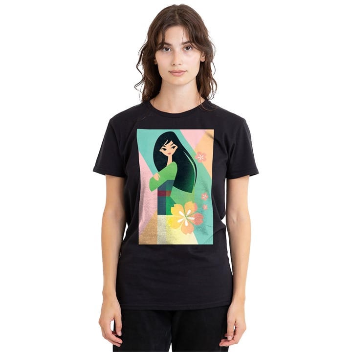 Disney Women's Black Mulan Simplistic Illustration T-Shirt, Sports Direct