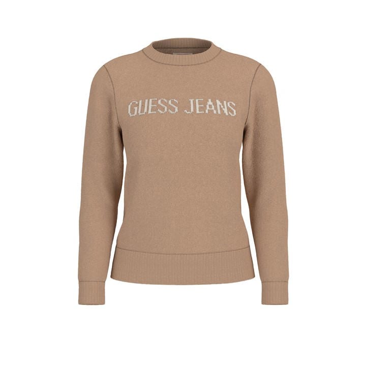 Guess Women's Beige Intarsia Knitted Crew Neck Jumper in Size 14, Sports Direct