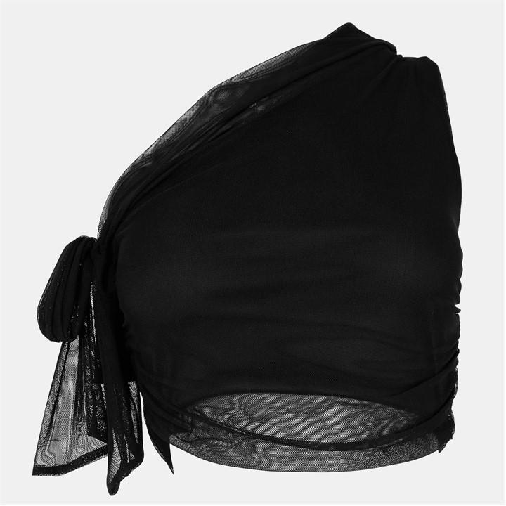 Missy Empire Women's Black One Shoulder Tie Detail Mesh Crop Top in Size 14, Sports Direct