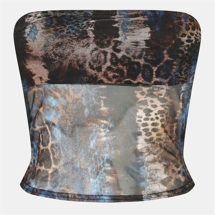 Missy Empire Women's Blue Mesh Bandeau Printed Crop Top in Size 14, Sports Direct
