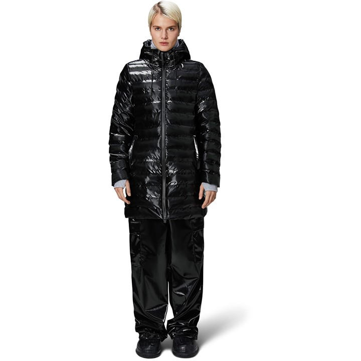 Rains Women's Black Lohja Curve Hooded Funnel Neck Long Sleeve Long Puffer Jacket in Size 10, Sports Direct