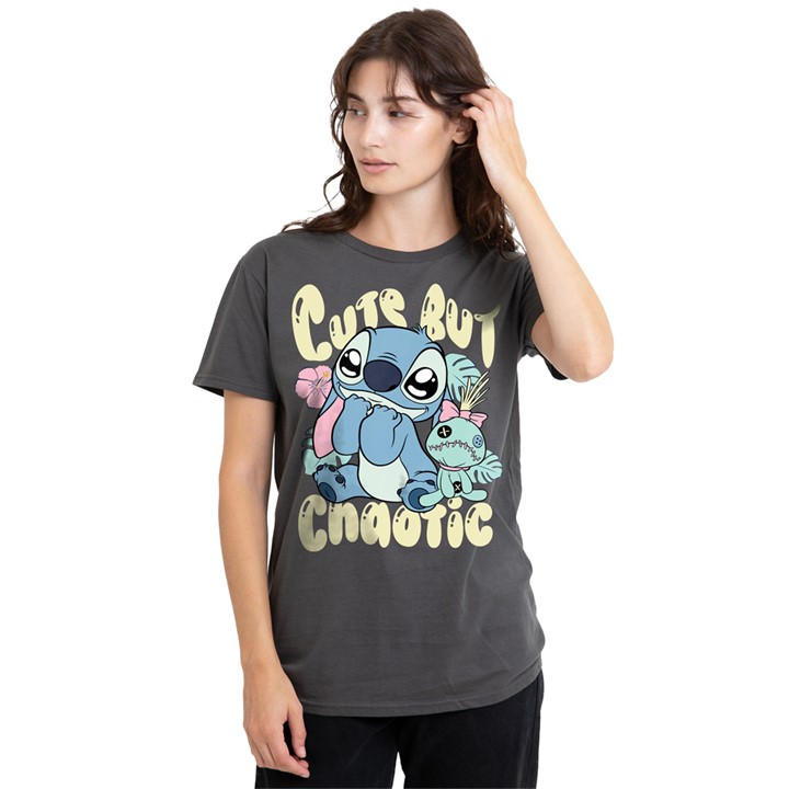 Disney Women's Grey Lilo And Stitch Cute But Chaotic Classic T Shirt in Size M, Sports Direct