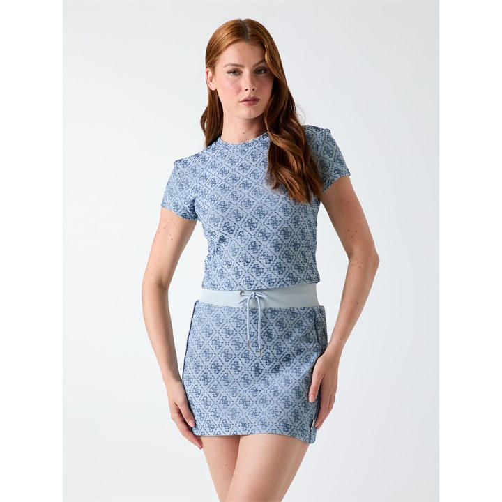 Guess Women's 4G Allover Jacquard Mini Skirt Blue Size 10 (S) - Image 3