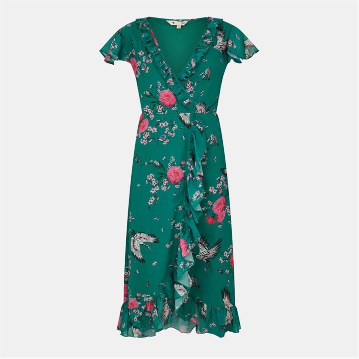 Yumi Women's Green Crane Print Midi Wrap Dress in Size 8, Sports Direct