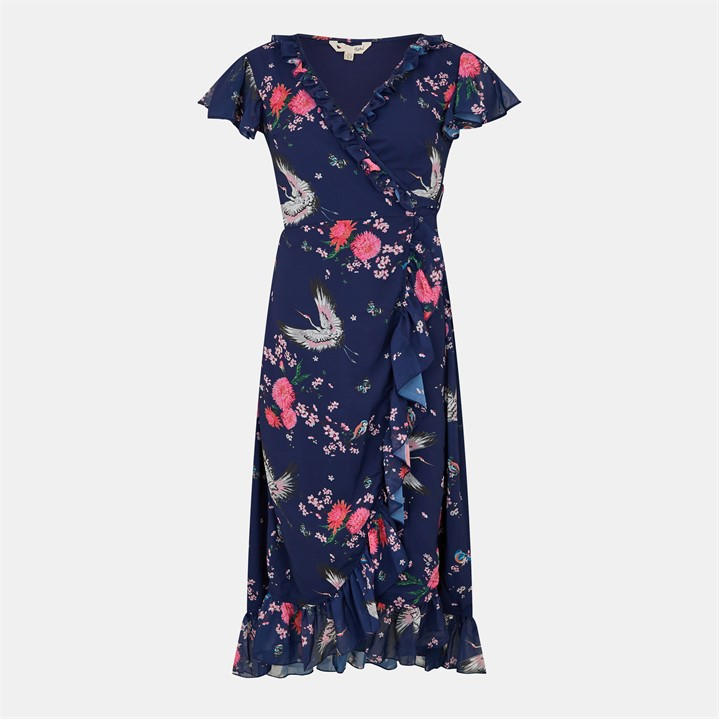 Yumi Women's Blue Crane Print Midi Dress in Size 8, Sports Direct