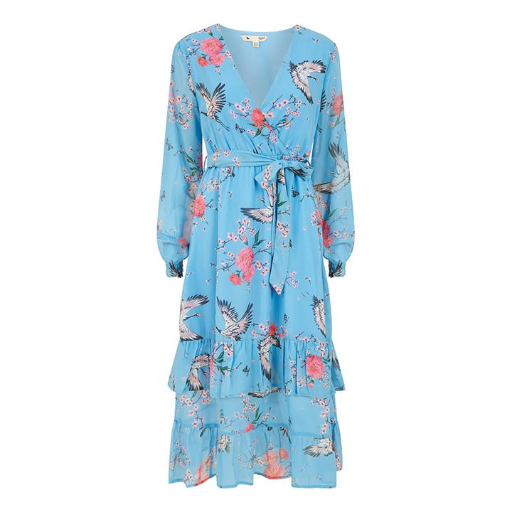 Yumi Women's Blue Crane Print Midi Wrap Dress in Size 8, Sports Direct