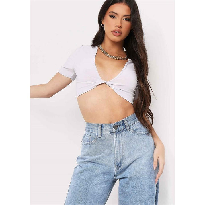 Missy Empire Women's Grey Slinky Twist Front Crop Top in Size 14, Sports Direct