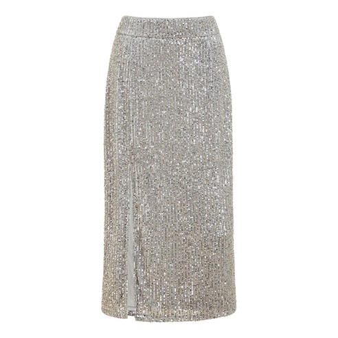Yumi - Women's Silver Sequin Fitted Midi Skirt