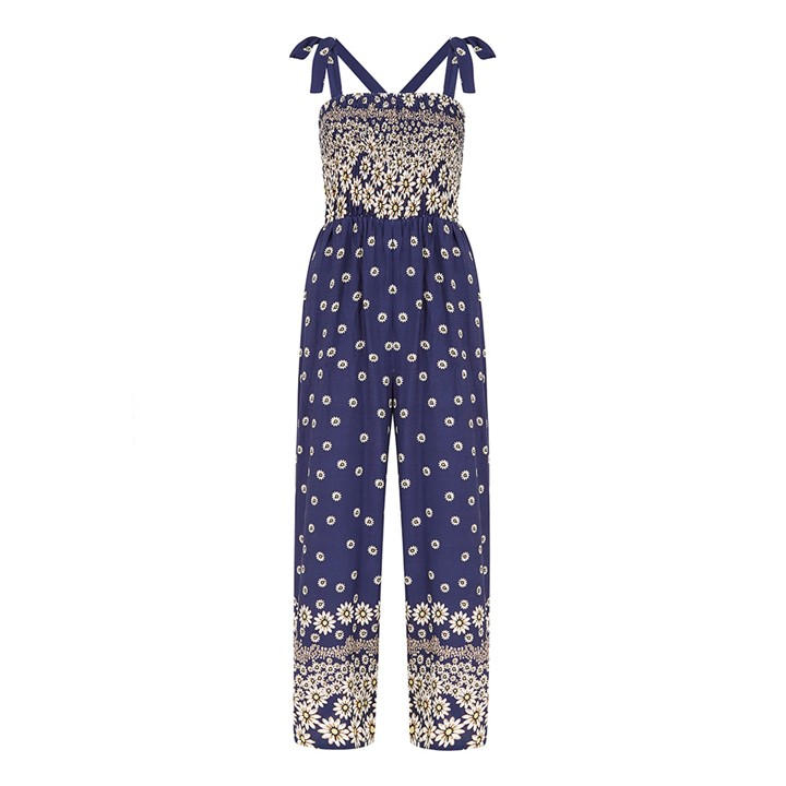 Mela London Women's Blue Navy Daisy Border Shirred Tie Jumpsuits in Size 8, Sports Direct