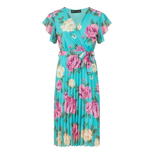 Mela London - Women's Green Floral Pleated Wrap Dress