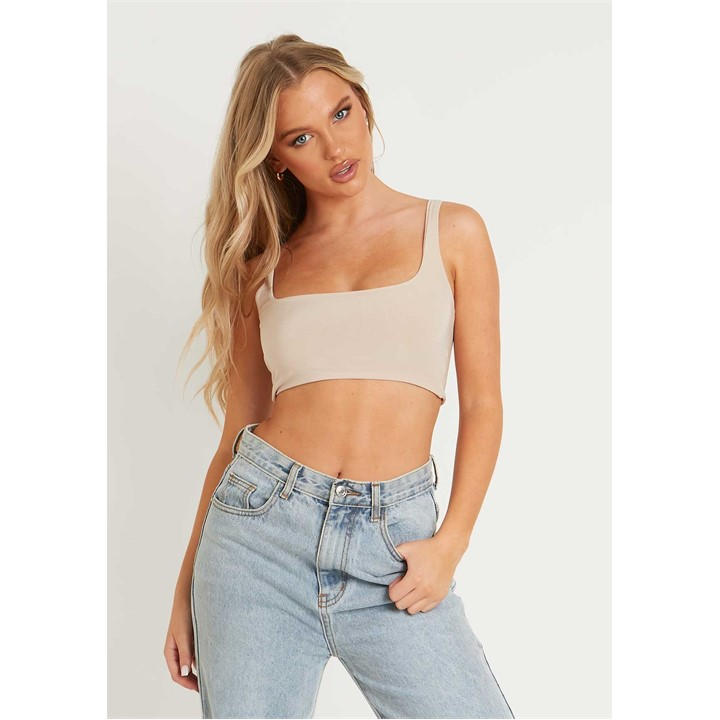 Missy Empire Women's Beige Slinky Square Neck Extreme Crop Top in Size 14, Sports Direct