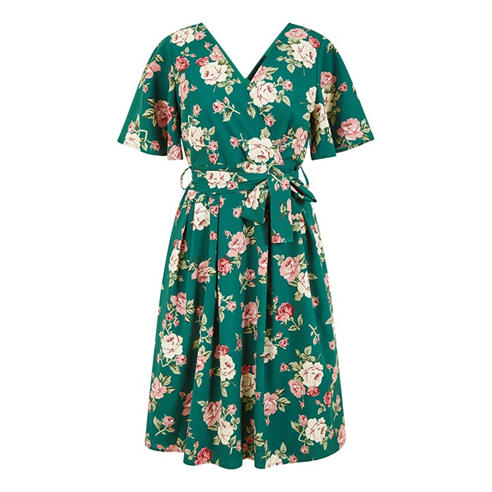 Mela London - Women's Green Floral Wrap Skater Dress