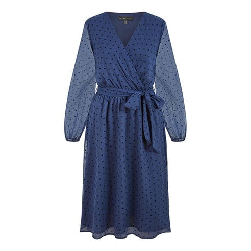 Mela London - Women's Navy Dobby Spot Midi Wrap Dress