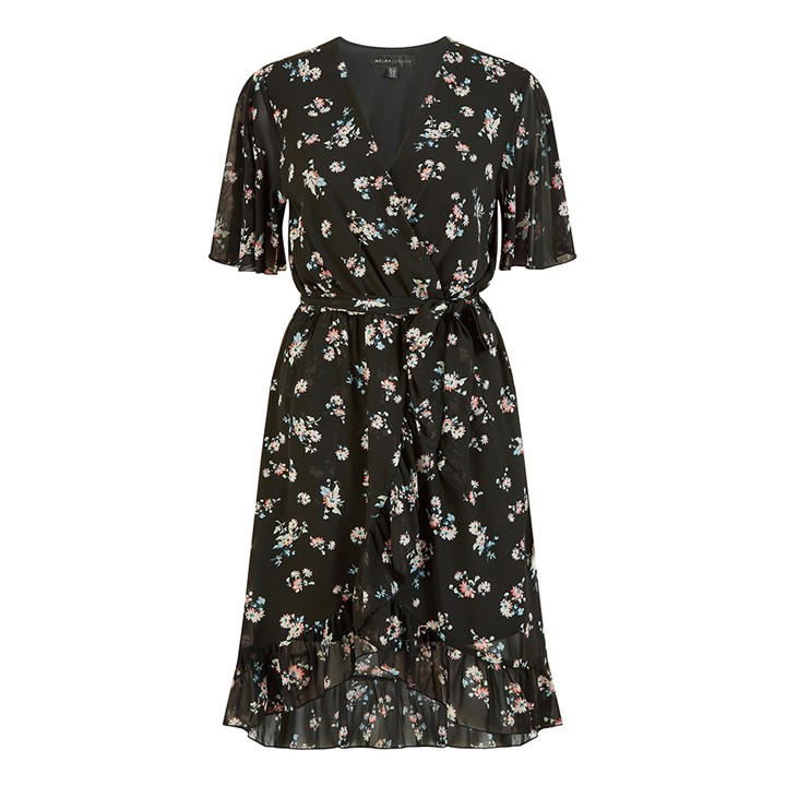 Mela London Women's Black Floral Frill Wrap Dress in Size 10, Sports Direct