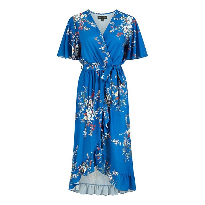Mela London Women's Blue Floral Dip Hem Midi Wrap Dress in Size 10, Sports Direct