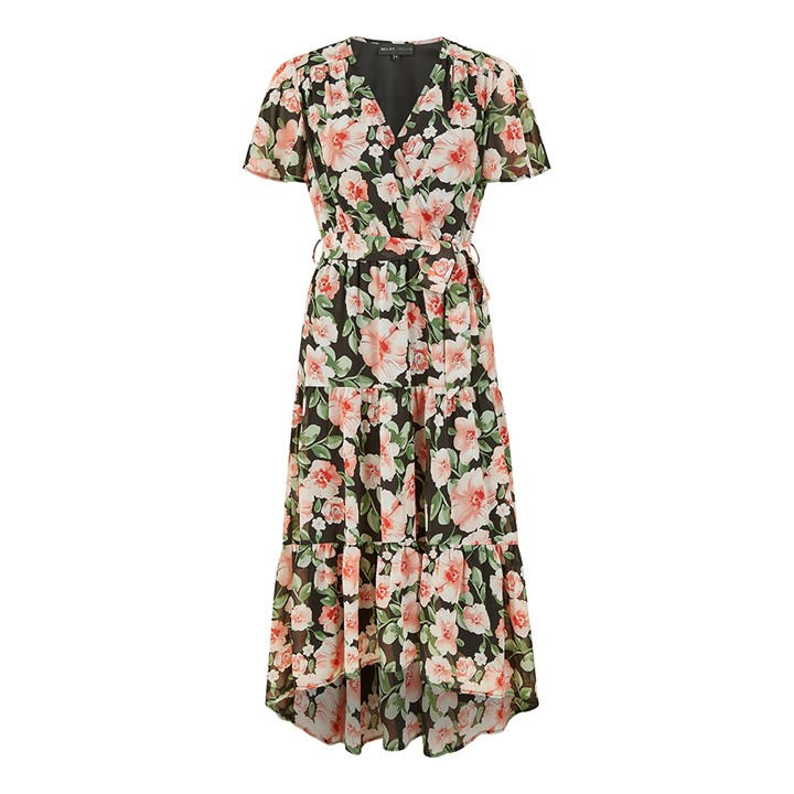 Mela London Women's Black Floral Dipped Hem Wrap Dress in Size 8, Sports Direct