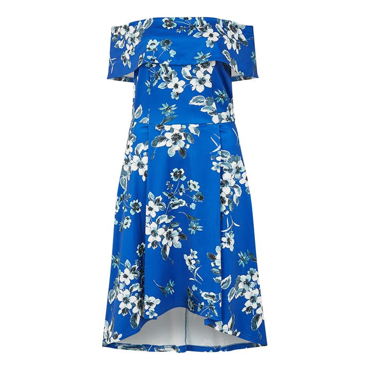 Mela London Women's Blue Floral Bardot Dipped Hem Slip Dress in Size 8, Sports Direct