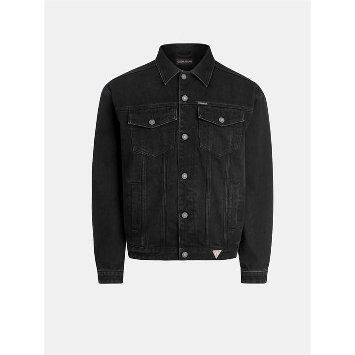 Guess Men's Black Oversized Cotton Long Sleeve Button Denim Jacket in Size XL, Sports Direct