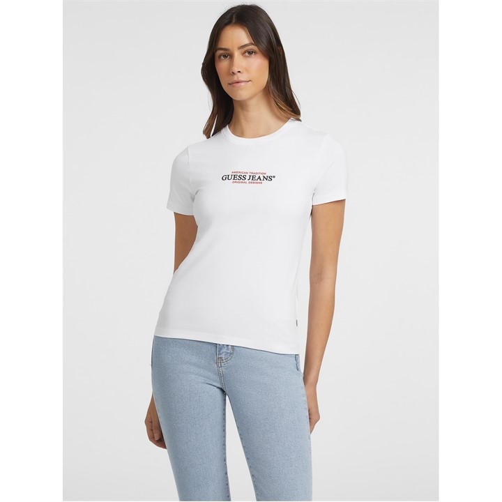 Guess Women's White Gj American Cotton-Mix Fitted Baby Tee in Size 14, Sports Direct