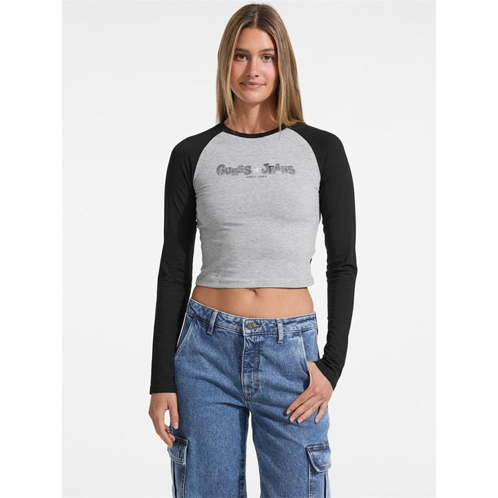 Guess Women's Black Raglan Cropped Baby Tee in Size 14, Sports Direct