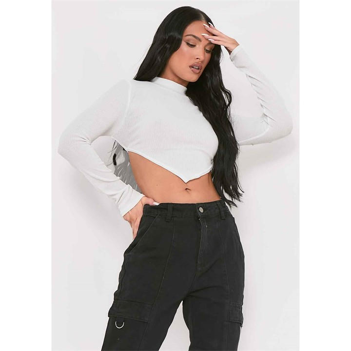 Missy Empire Women's White Ribbed High Neck Tie Back Crop Top in Size 14, Sports Direct