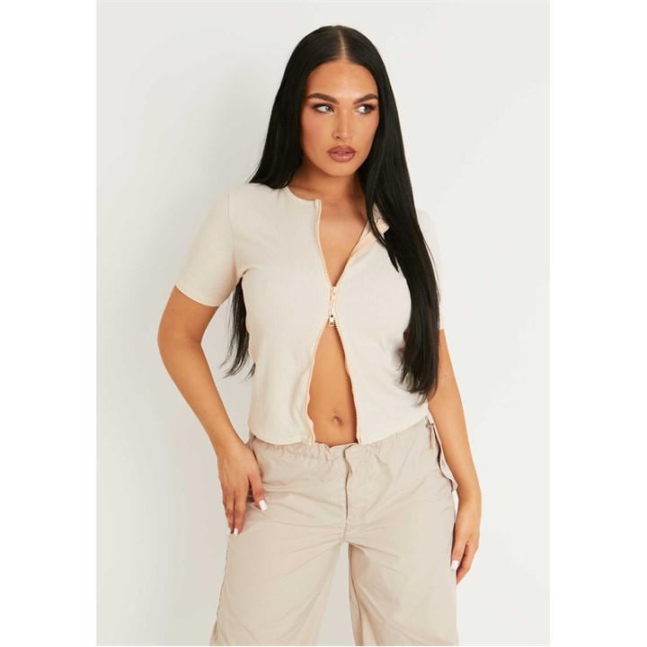 Missy Empire Women's Beige Double Zip Knitted Ribbed Top in Size 6, Sports Direct