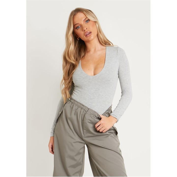 Missy Empire Women's Grey Long Sleeve Plunge Bodysuit in Size 4, Sports Direct