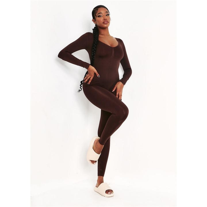 Missy Empire Women's Brown Seamless Long Sleeve Plunge Jumpsuit in Size 10, Sports Direct - Image 2