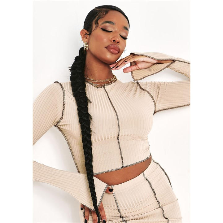 Missy Empire Women's Beige Contrast Stitch Slit Sleeve Ribbed Crop Top in Size 4, Sports Direct