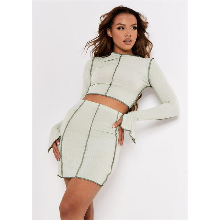 Missy Empire Women's Green Contrast Stitch Slit Sleeve Ribbed Crop Top in Size 4, Sports Direct